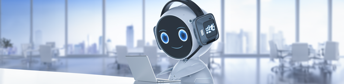 Robot conversationnel d'intelligence artificielle assis sur une chaise, travaillant et clavardant sur un ordinateur portable.