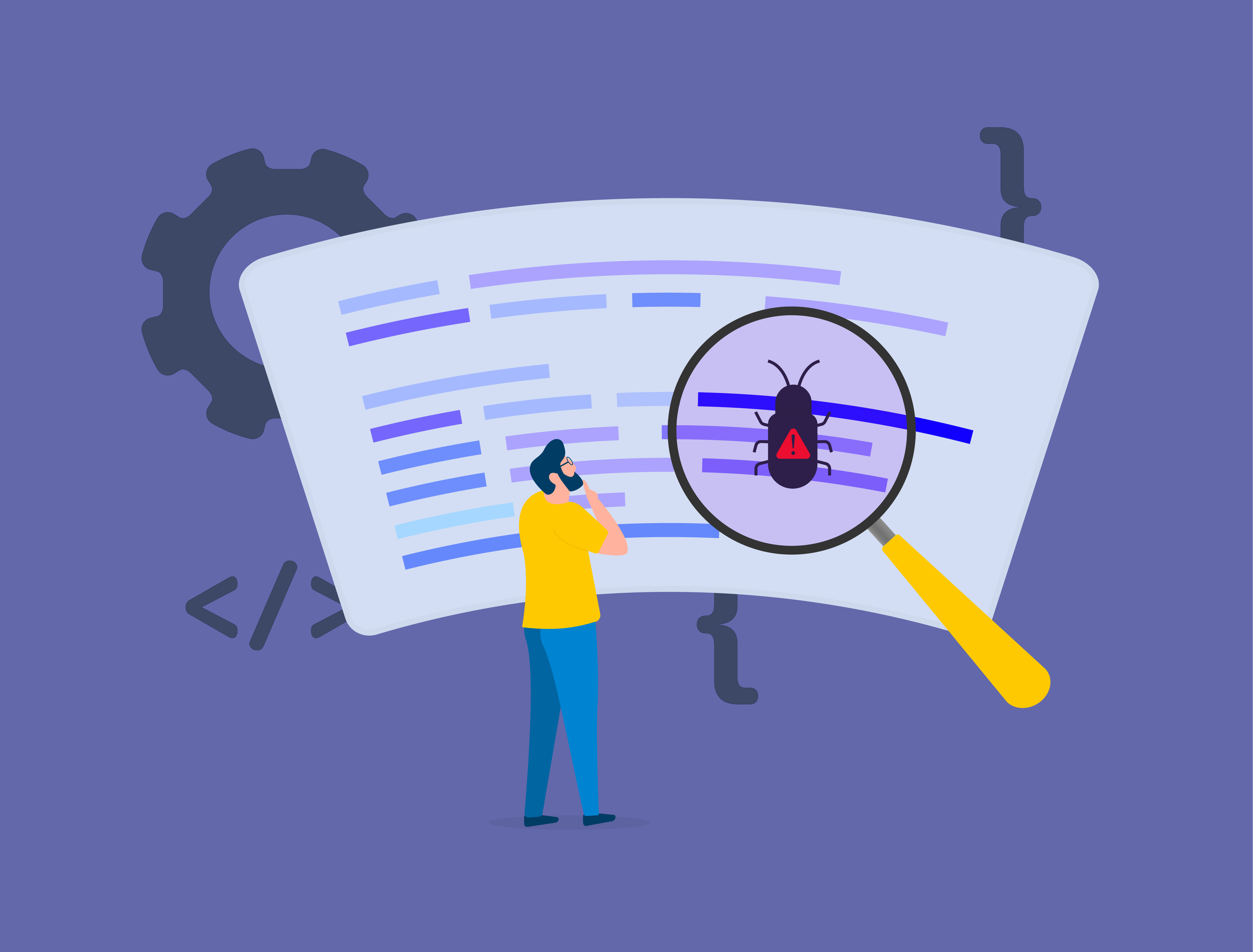 A person looking through a large magnifying glass at a bug with a caution sign on it on a screen with lines of code.