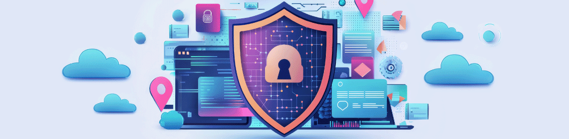 Concept de cybersécurité comprenant un bouclier avec un verrou devant plusieurs écrans.