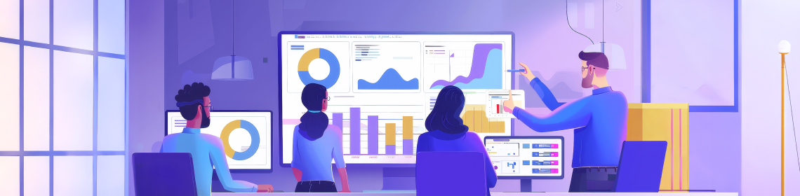 Équipe analysant des données et des rapports sur de grands écrans d'ordinateur dans un bureau moderne, discutant de tableaux, de graphiques, de croissance et de rendement.