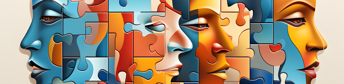 Quatre visages humains constitués de pièces de casse-tête colorées.