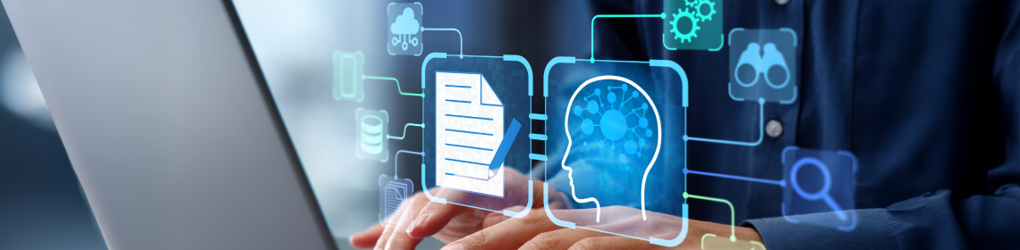 Illustration conceptuelle d'une personne utilisant l'intelligence artificielle sur un ordinateur portable pour la révision et l'analyse de documents et la recherche stratégique.