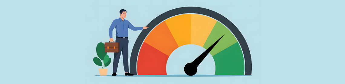 A person pointing to a semi-circular gauge featuring a colour-coded scale ranging from red to dark green, with the needle pointing in the green section.