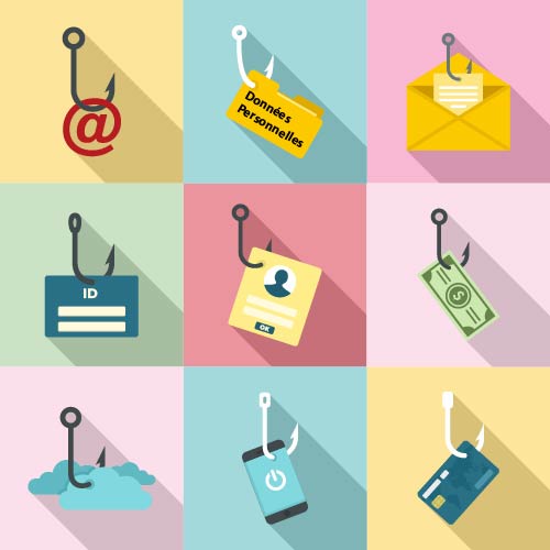 Neuf illustrations montrant diverses techniques de cyberhameçonnage. De la gauche vers la droite, sur des hameçons&nbsp;: courriel frauduleux, renseignements personnels, lettres trompeuses, fausses pages de connexion, usurpation d'identité, escroqueries financières, escroqueries liées au nuage, escroqueries par téléphone et fraude par carte de débit ou de crédit.