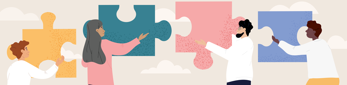 Illustration de quatre personnes tenant des pièces de casse-tête, représentant la communication et la collaboration.