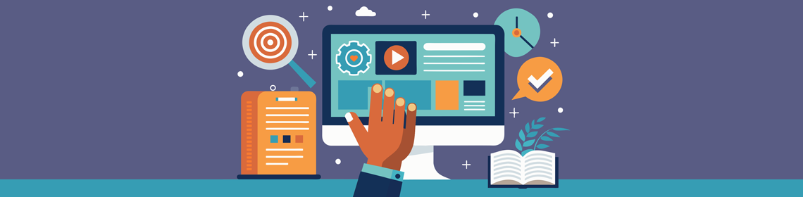 Personne travaillant à un ordinateur avec des icônes autour d’elle représentant les compétences qu’elle acquiert. 