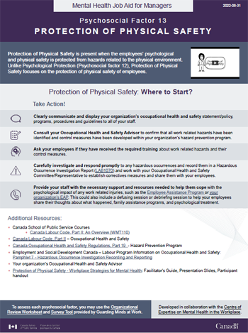 Mental Health Job Aid for Managers: Psychosocial Factor 13 &ndash; Protection of Physical Safety