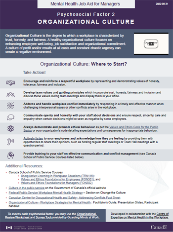 Mental Health Job Aid for Managers: Psychosocial Factor 2 &ndash; Organizational Culture