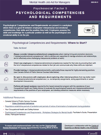 Mental Health Job Aid for Managers: Psychosocial Factor 5 &ndash; Psychological Competencies and Requirements