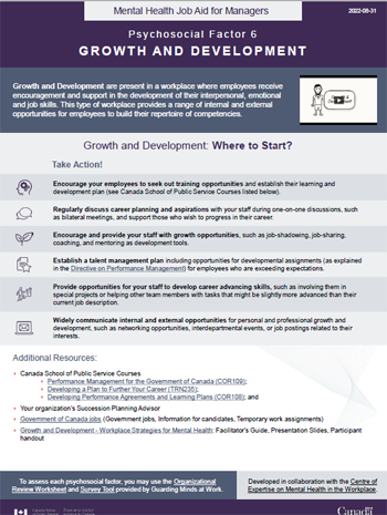 Mental Health Job Aid for Managers: Psychosocial Factor 6 &ndash; Growth and Development