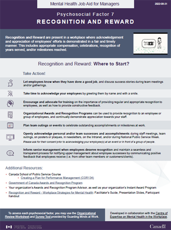 Mental Health Job Aid for Managers: Psychosocial Factor 7 &ndash; Recognition and Reward