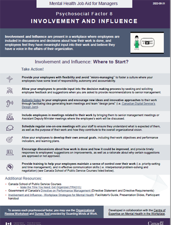 Mental Health Job Aid for Managers: Psychosocial Factor 8 &ndash; Involvement and Influence